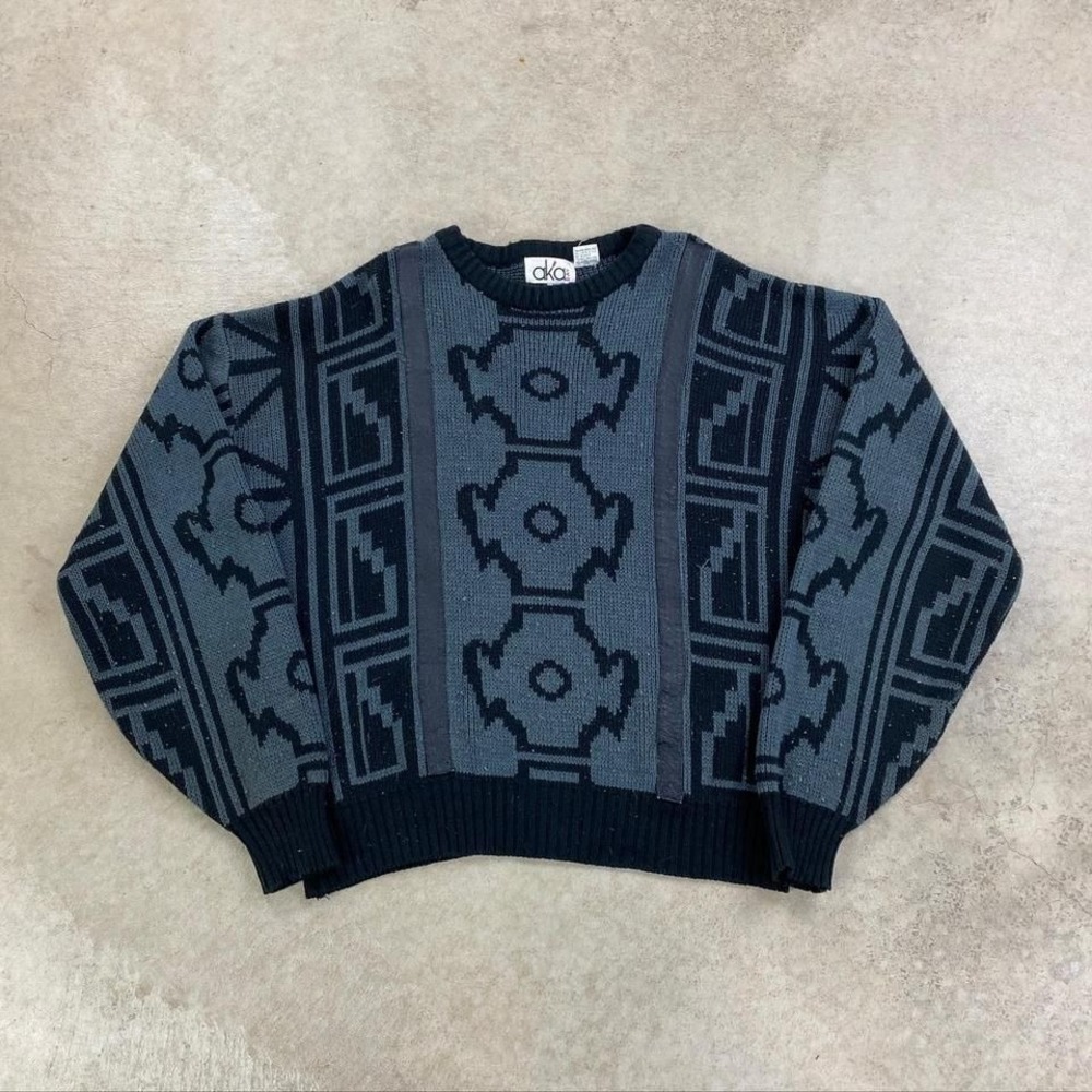 Vintage 90s aka Bay Sweater Size Medium‎ Gray Geometric Tribal Pullover Boho